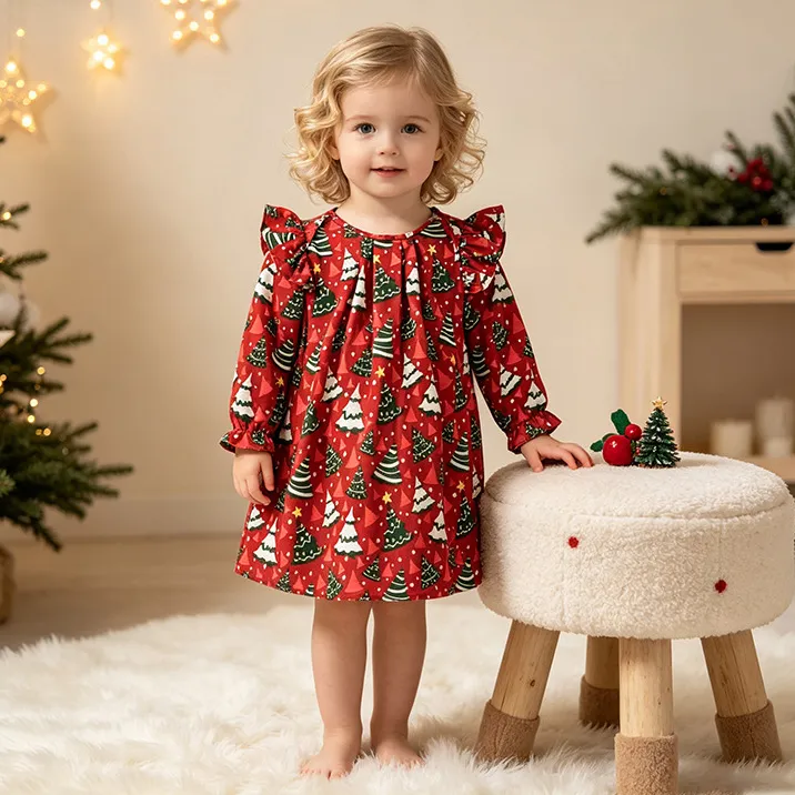 Christmas Kids Girls Fashion Print Elements Loose Long Sleeve Dress