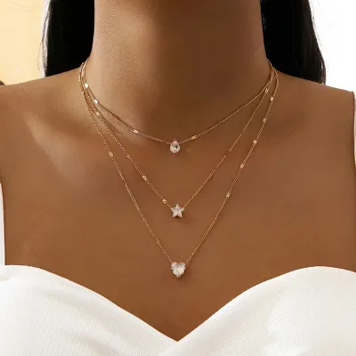 Women Fashion Multi-Layer Stacked Zircon Love Star Necklace