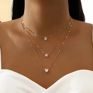 Women Fashion Multi-Layer Stacked Zircon Love Star Necklace