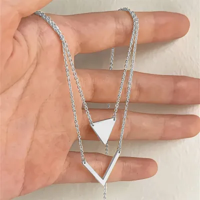 Women Fashion Simple Elegant Geometric Triangle V-Shaped Pendant Double-Layer Necklace