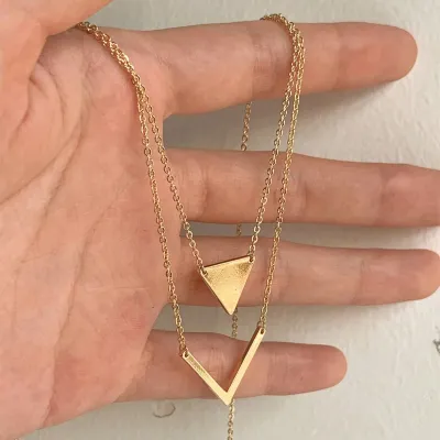 Women Fashion Simple Elegant Geometric Triangle V-Shaped Pendant Double-Layer Necklace