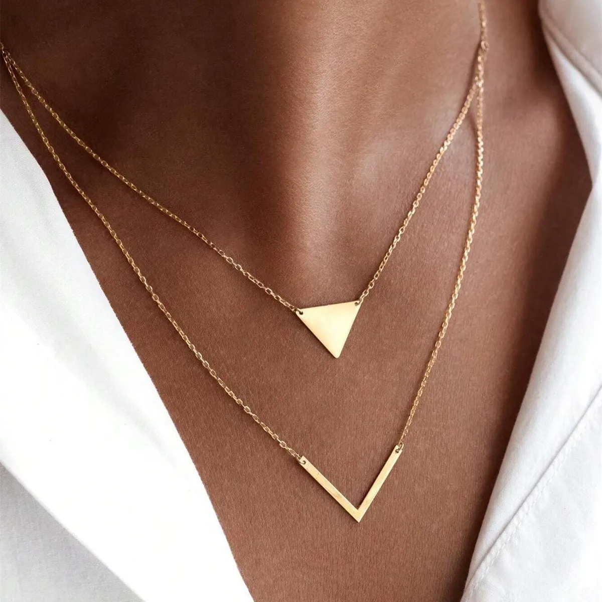 Women Fashion Simple Elegant Geometric Triangle V-Shaped Pendant Double-Layer Necklace
