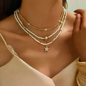 Women Fashion Summer Starfish Bead Soft Pottery Pearl Stacked Necklace