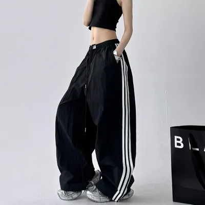 Women Fashion Casual Drawstring Side Stripe Loose Wide Leg Sports Pants