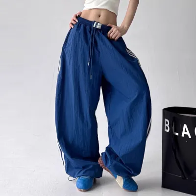 Women Fashion Casual Drawstring Side Stripe Loose Wide Leg Sports Pants