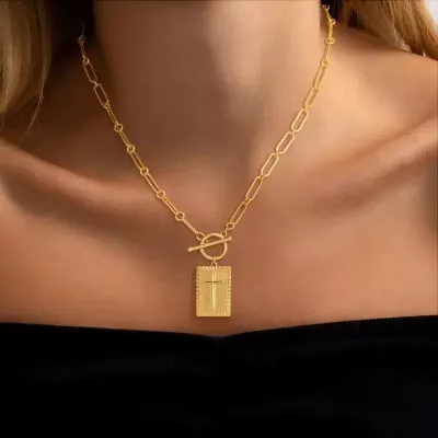 Women Fashion Clip Oto Buckle Cross Square Pendant Necklace