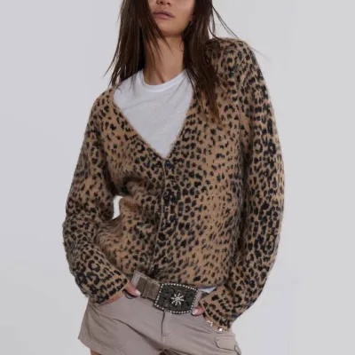 Women Fashion Retro Leopard V-Neck Long-Sleeve Cardigan Coat