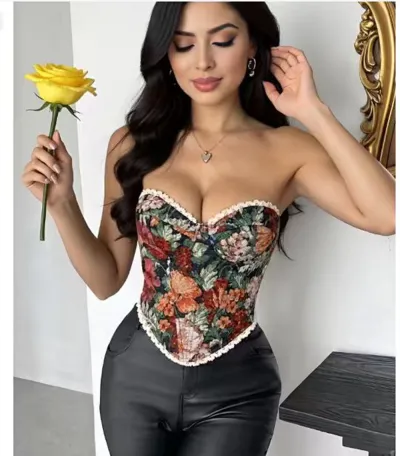 Women Fashion Sexy Leopard Jacquard Wrapping Lace-Up Fishbone Tube Top