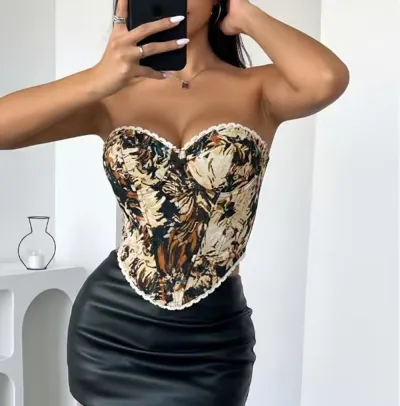 Women Fashion Sexy Leopard Jacquard Wrapping Lace-Up Fishbone Tube Top