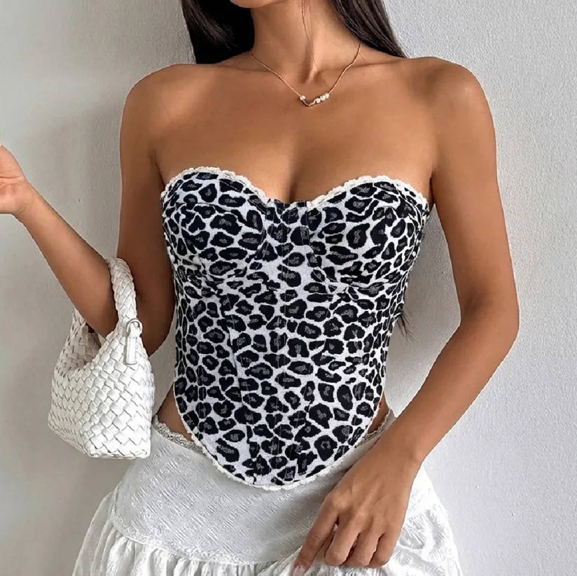 Women Fashion Sexy Leopard Jacquard Wrapping Lace-Up Fishbone Tube Top