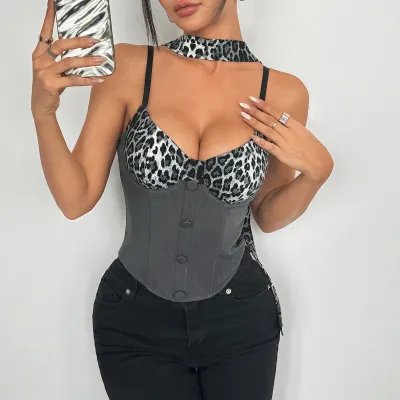Women Fashion Sexy Summer Leopard Stitching Contrast Color Lace-Up Fishbone Camisole