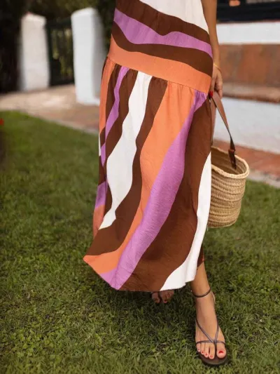 Women Fashion Casual Summer Stripe Printed High Waist Large Swing Skirt