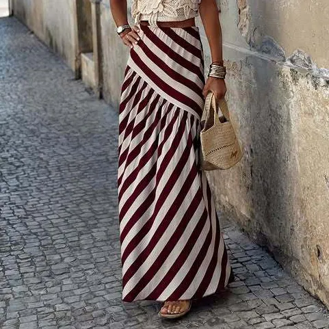 Women Fashion Casual Summer Stripe Printed High Waist Large Swing Skirt