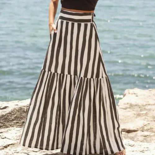Women Fashion Casual Summer Stripe Printed High Waist Swing Skirt