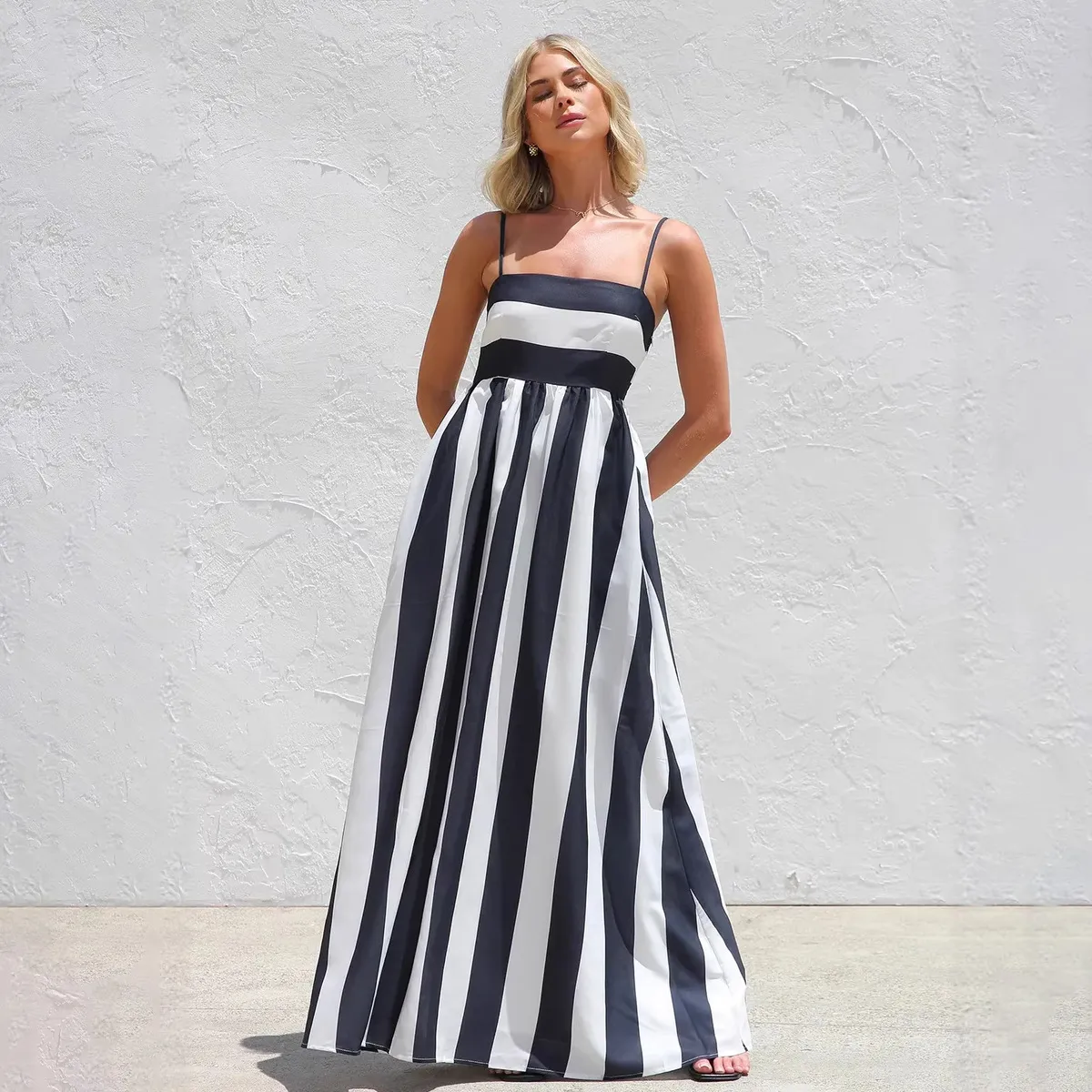 Women Fashion Casual Summer Stripe Print Spaghetti Strap Loose Dress