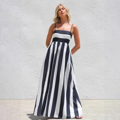 Women Fashion Casual Summer Stripe Print Spaghetti Strap Loose Dress