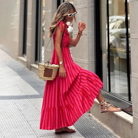 Women Fashion Casual Summer Stripe Print Lace-Up Waisted A-Line Dress