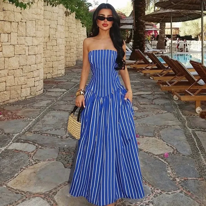 Women Fashion Sexy Summer Stripe Print Tube Top Waist A-Line Dress