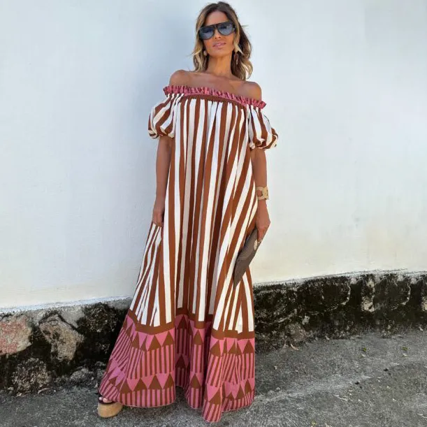 Women Fashion Casual Summer Stripe Print Off-The-Shoulder Puff Sleeve Loose Long Dress