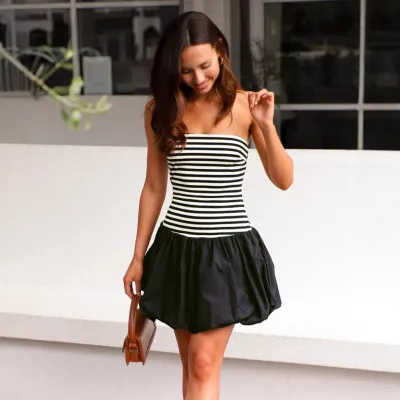 Women Fashion Sexy Summer Stripe Stitching Pleated Dress