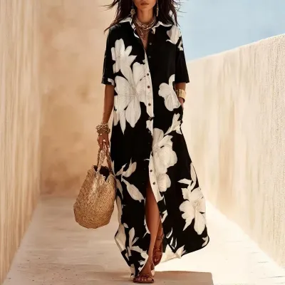 Women Fashion Casual Flower Printed Long-Sleeve Split Loose Dress