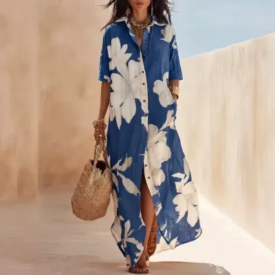 Women Fashion Casual Flower Printed Long-Sleeve Split Loose Dress