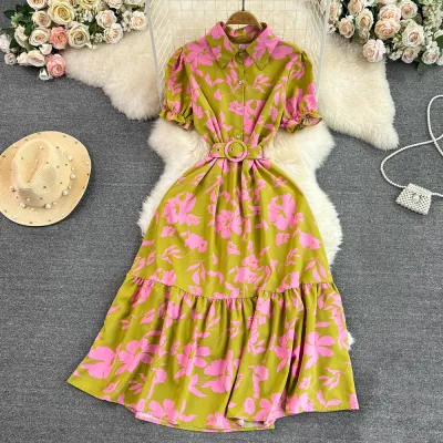 Women Fashion Casual Elegant Flower Printed Bubble Short-Sleeve Mid-Length A- Line Dress