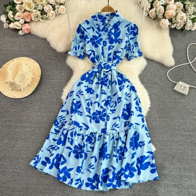 Women Fashion Casual Elegant Flower Printed Bubble Short-Sleeve Mid-Length A- Line Dress