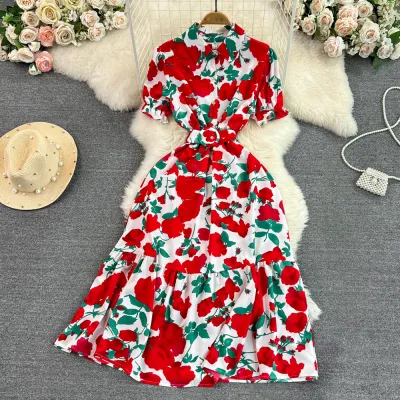 Women Fashion Casual Elegant Flower Printed Bubble Short-Sleeve Mid-Length A- Line Dress