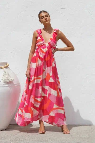 Women Fashion Summer Flower Printed V-Neck Sleeveless Large Swing Dress