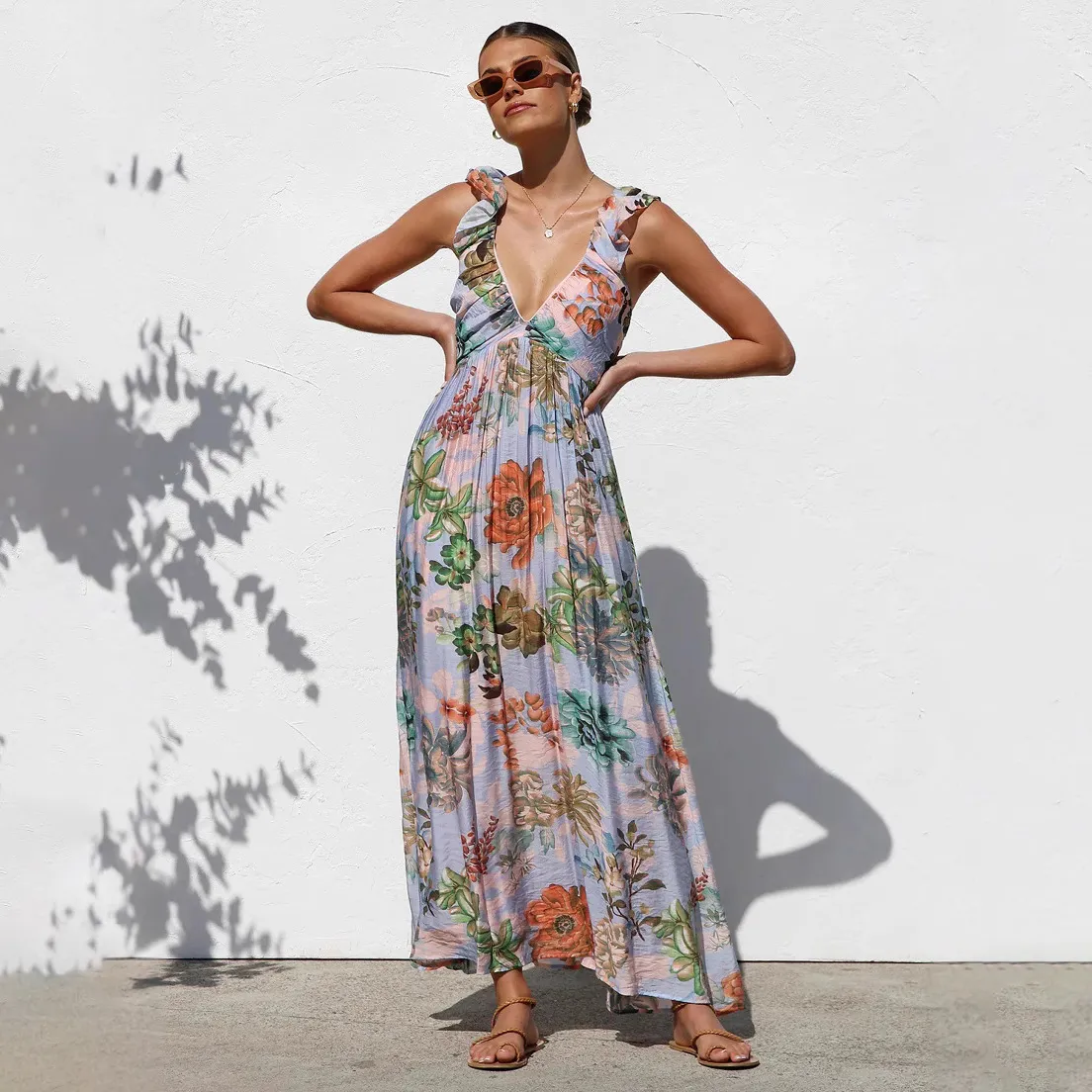 Women Fashion Summer Flower Printed V-Neck Sleeveless Large Swing Dress