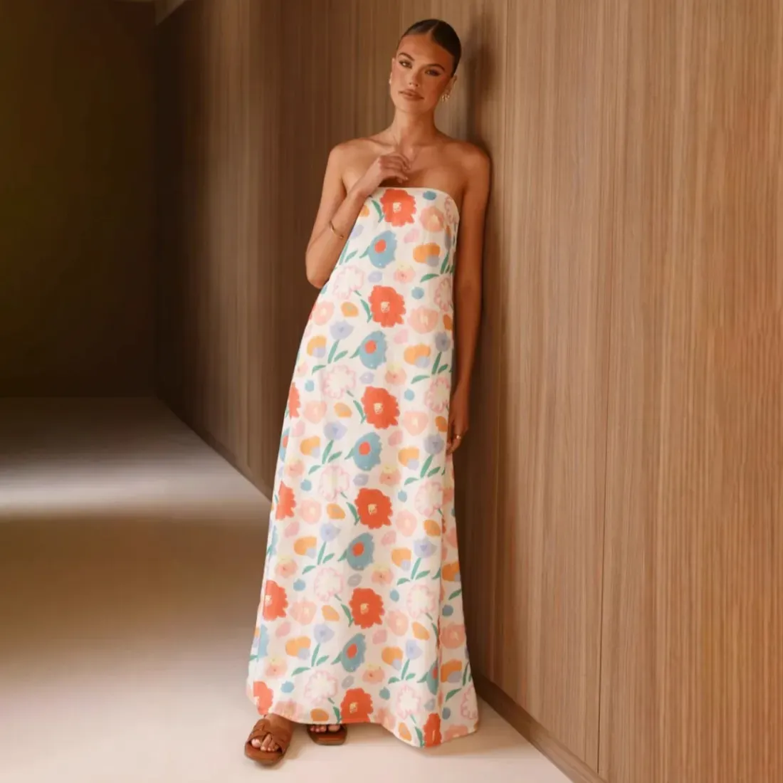 Women Fashion Summer Flower Print Tube Top Long Dress