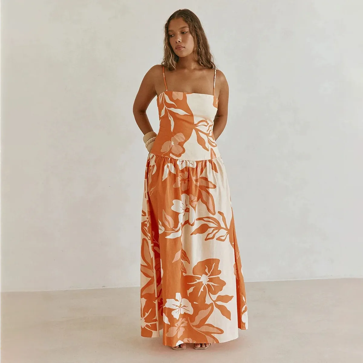 Women Fashion Sexy Summer Floral-Print Spaghetti Straps Slim-Neck Dress