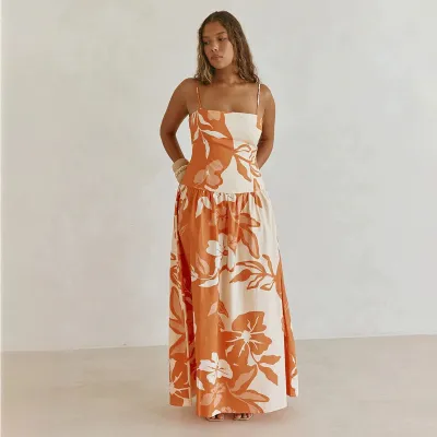 Women Fashion Sexy Summer Floral-Print Spaghetti Straps Slim-Neck Dress