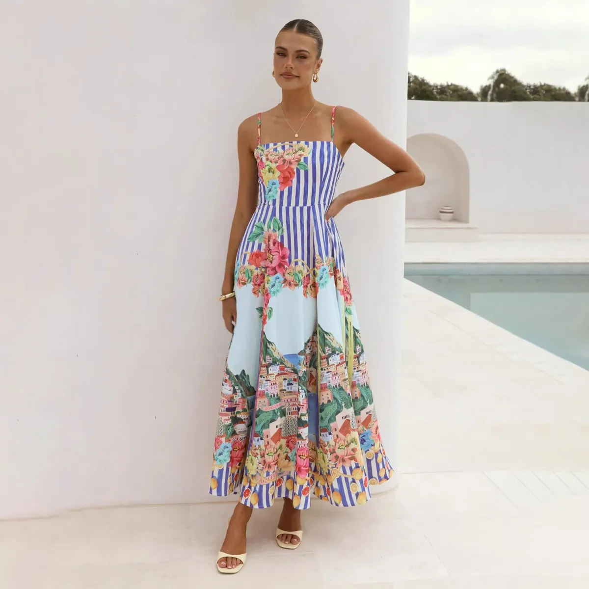 Women Fashion Elegant Flower Print Spaghetti Straps A-Line Dress