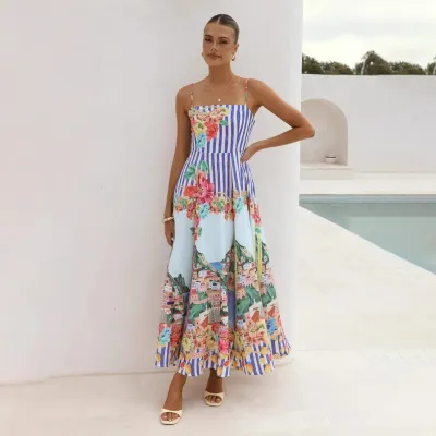 Women Fashion Elegant Flower Print Spaghetti Straps A-Line Dress