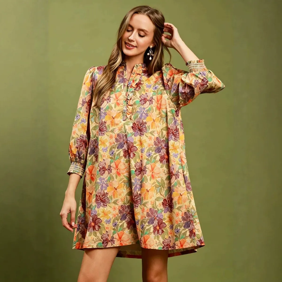 Women Fashion Casual Retro Flower Printed Long-Sleeve Loose Dress