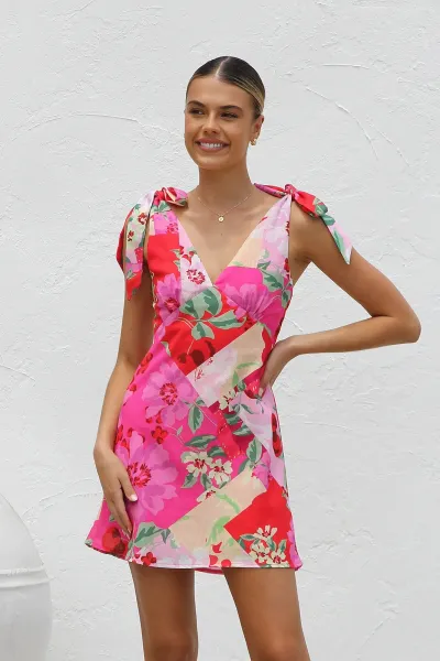 Women Fashion Summer Flower Printed V-Neck Lace-Up Dress