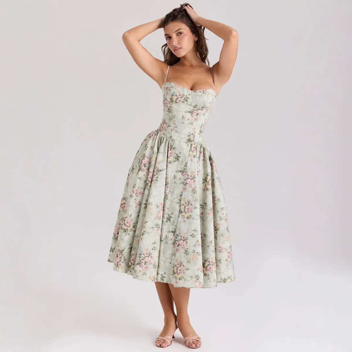 Women Fashion Sexy Flower Printed Spaghetti Strap Steel Ring Tight Waist Pleated A-Line Dress