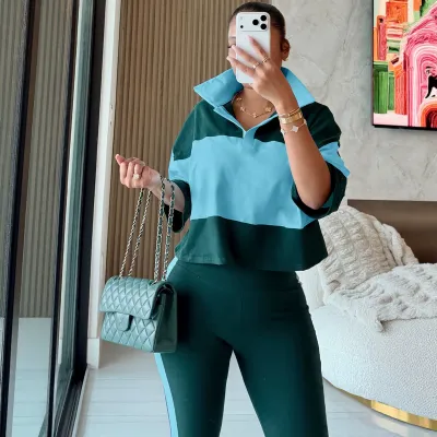 Women Fashion Casual Contrast Color Stripe Lapel Half-Sleeve Polo Shirt Tight Pants Two-Piece Set