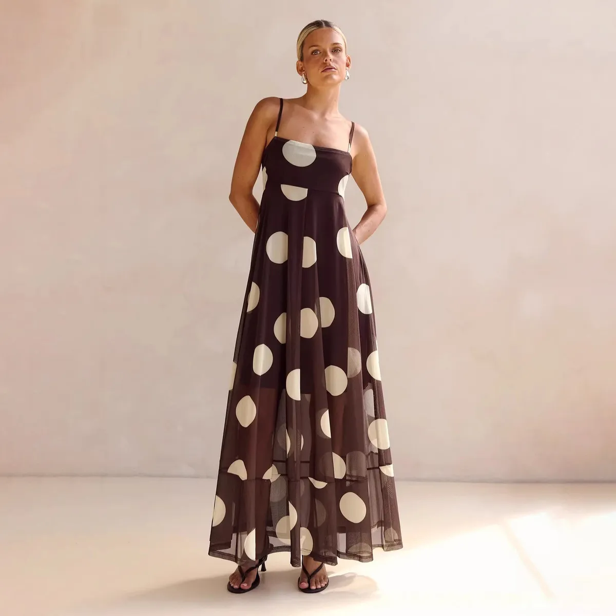 Women Fashion Summer Polka Dot Print Spaghetti Straps Dress