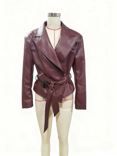 Women Fashion Casual Autumn And Winter Motorcycle Solid Color Pu Leather Lapel Long-Sleeve Jacket