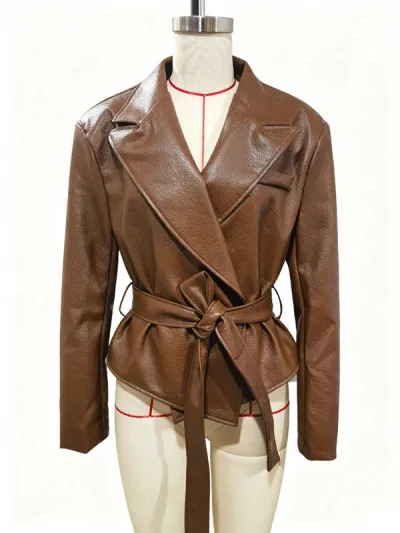 Women Fashion Casual Autumn And Winter Motorcycle Solid Color Pu Leather Lapel Long-Sleeve Jacket