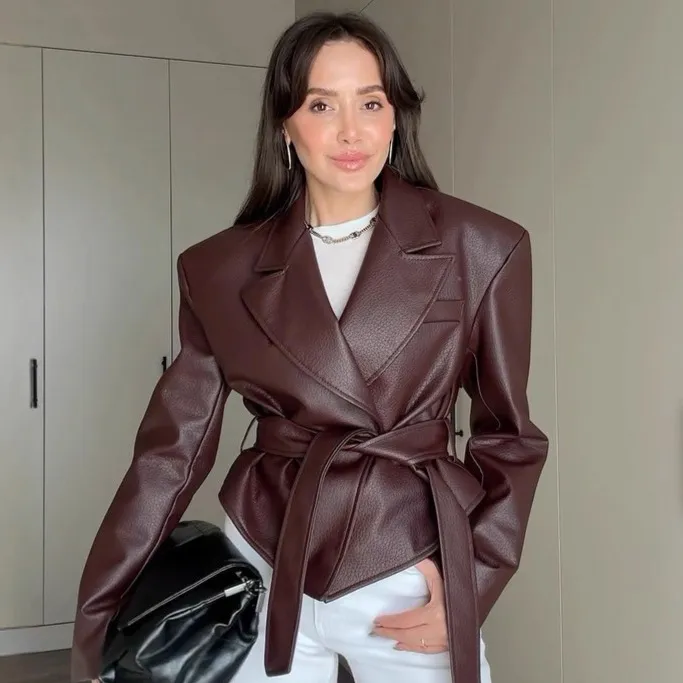 Women Fashion Casual Autumn And Winter Motorcycle Solid Color Pu Leather Lapel Long-Sleeve Jacket