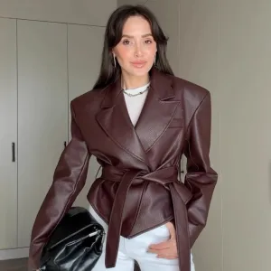 Women Fashion Casual Autumn And Winter Motorcycle Solid Color Pu Leather Lapel Long-Sleeve Jacket