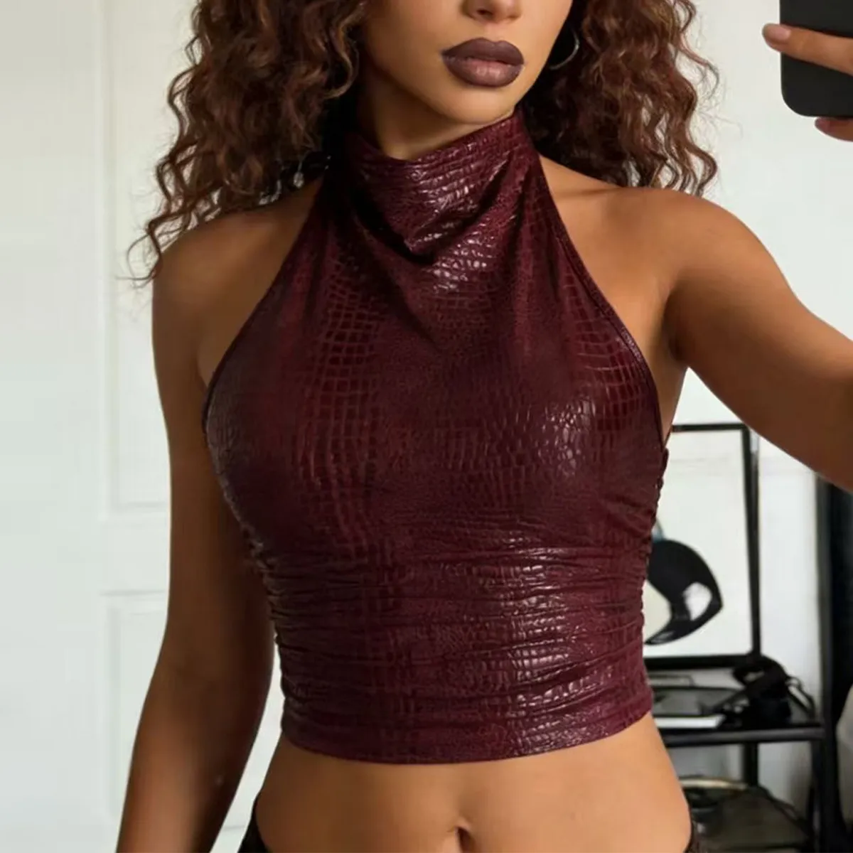 Women Fashion Sexy Summer Solid Color Snake Pattern Halter-Neck Backless Crop Top