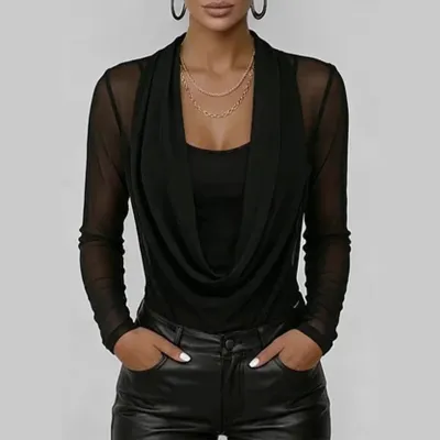 Women Fashion Casual Solid Color Fake Two-Piece Long-Sleeved With Swing Collar Slim-Fit T-Shirt