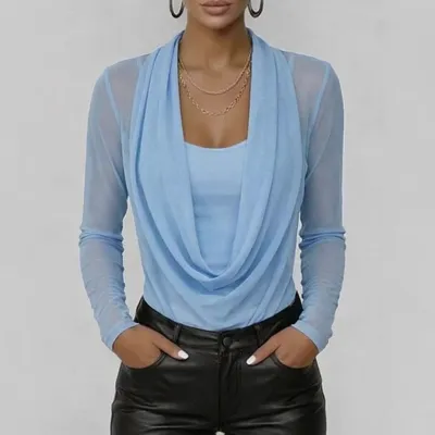Women Fashion Casual Solid Color Fake Two-Piece Long-Sleeved With Swing Collar Slim-Fit T-Shirt