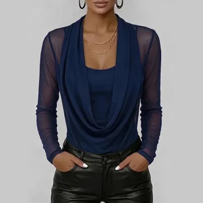 Women Fashion Casual Solid Color Fake Two-Piece Long-Sleeved With Swing Collar Slim-Fit T-Shirt