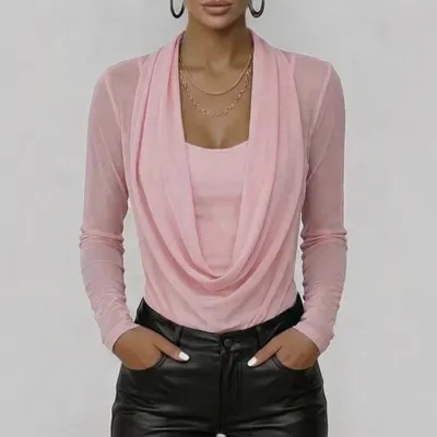 Women Fashion Casual Solid Color Fake Two-Piece Long-Sleeved With Swing Collar Slim-Fit T-Shirt